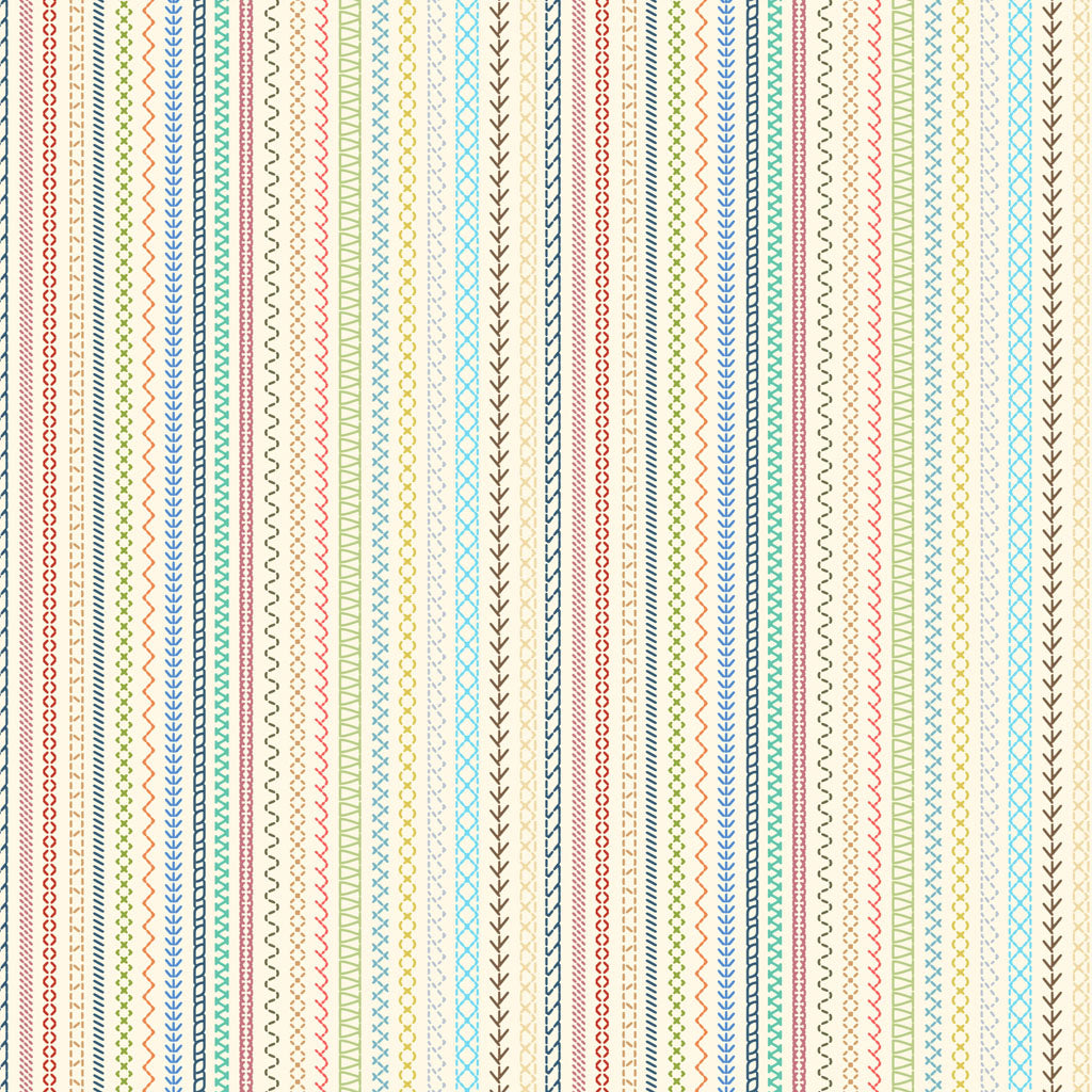 Embroidery Stripe - Cream - The Secret Life of Squirrels IV Cotton Print Fabric - per half metre