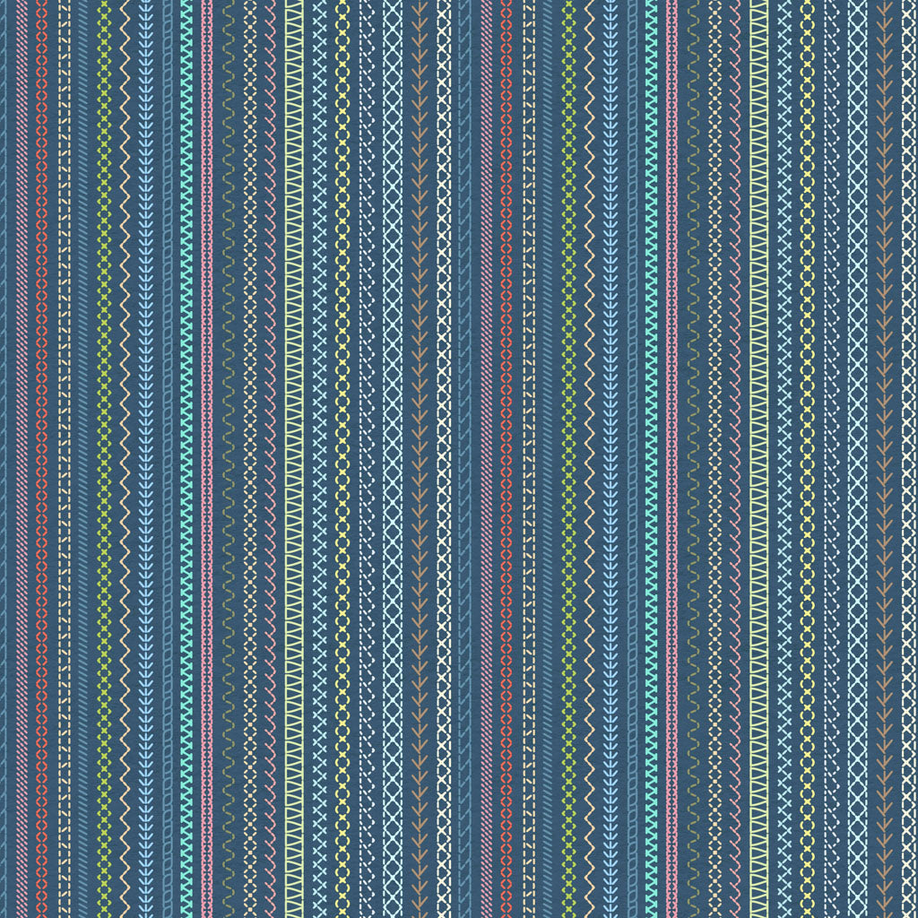 Embroidery Stripe - Dark Denim - The Secret Life of Squirrels IV Cotton Print Fabric - per half metre