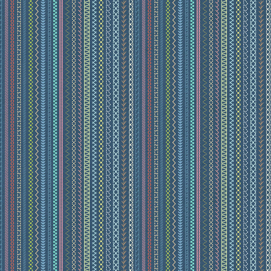 Embroidery Stripe - Dark Denim - The Secret Life of Squirrels IV Cotton Print Fabric - per half metre