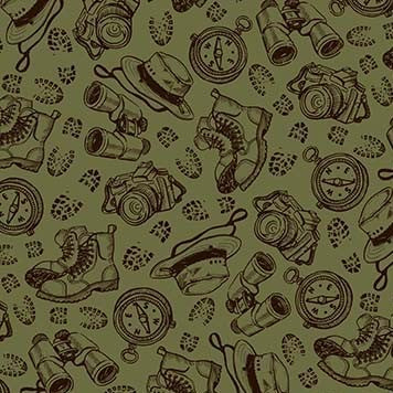 Safari Gear on Olive - Safari Cotton Print Fabric - per half metre