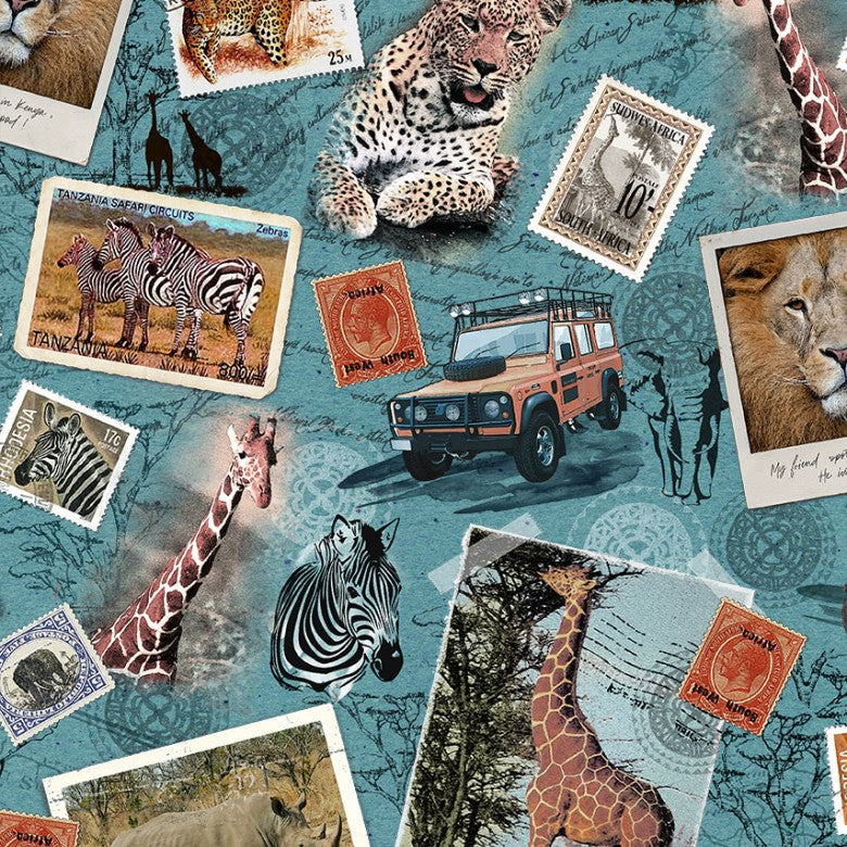 Memories on Aqua - Safari Cotton Print Fabric - per half metre