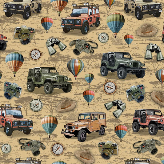 Adventure on Tan - Safari Cotton Print Fabric - per half metre