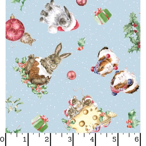 Furry Friends on Blue - One Snowy Day Cotton Print Fabric - per half metre