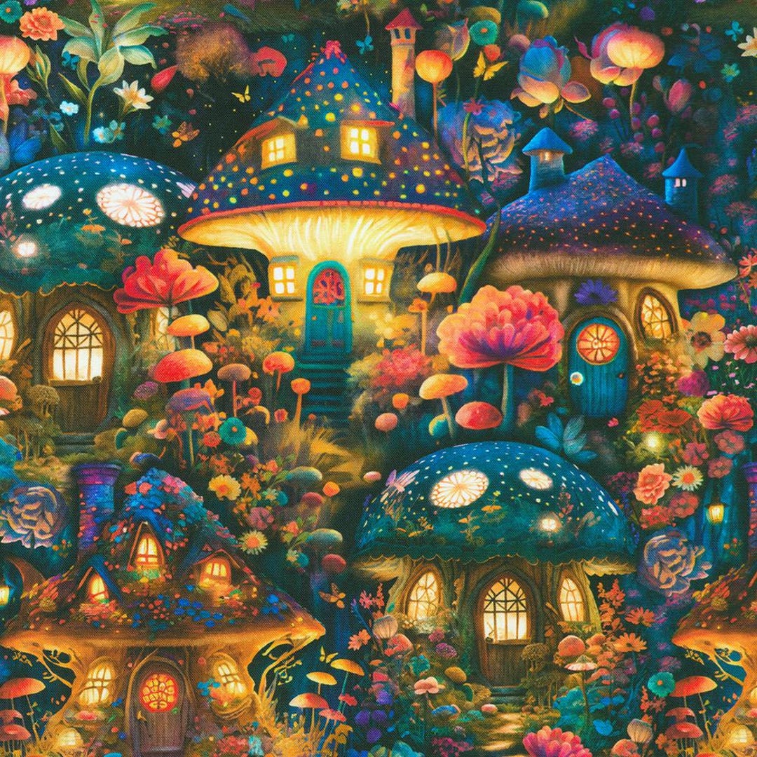 Toadstool Houses - Night Fable Cotton Print Fabric - per half metre