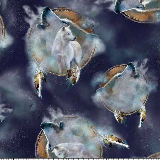 Wolf Vignettes on Navy - Wolf Song Cotton Print Fabric - per half metre