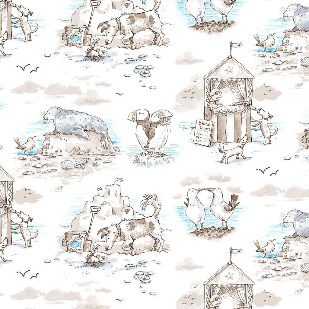 Scenic Toile on Taupe - Sandy Toes Cotton Print Fabric - per half metre