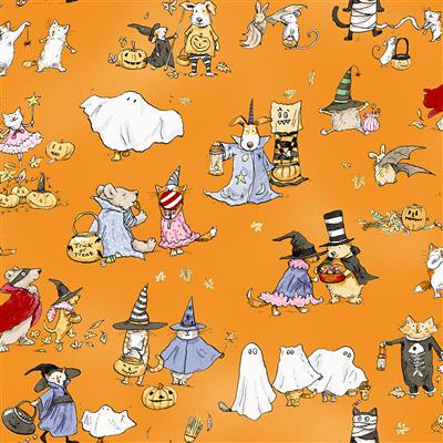 Halloween Parade Toile on Orange - Halloween Parade Cotton Print Fabric - per half metre