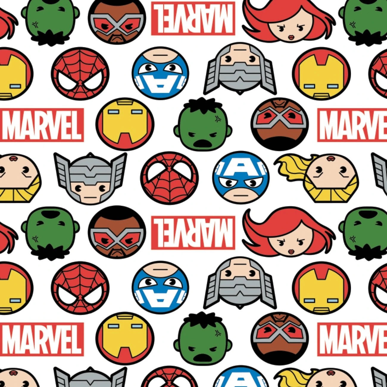 Marvel Kawaii Cotton Print - Heroes Faces and Logo White