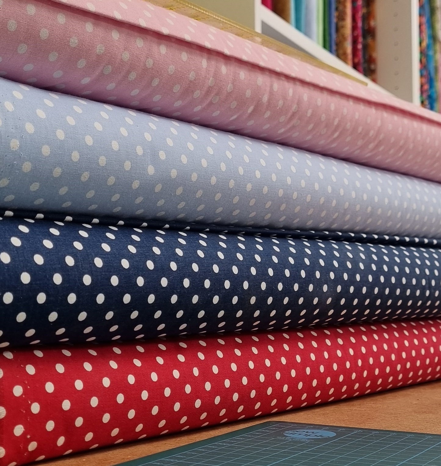 Blue - White Spot Cotton Print Fabric - per half metre