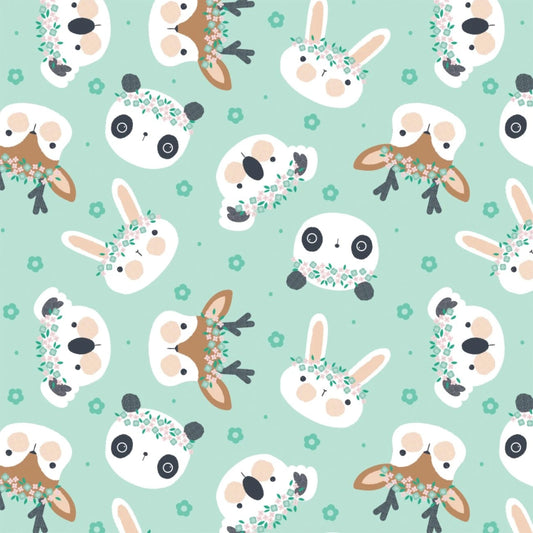 Floral Menagerie Cotton Print - Animal Flower Crowns in Seafoam