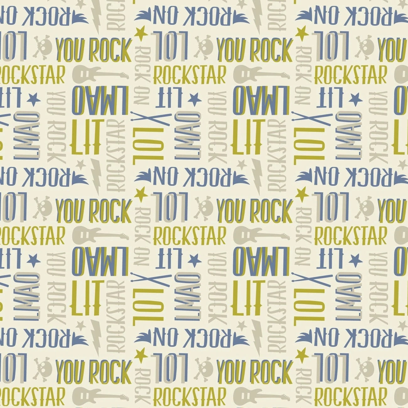 Rock On Cotton Print - Concert Slang on Grey - per half metre