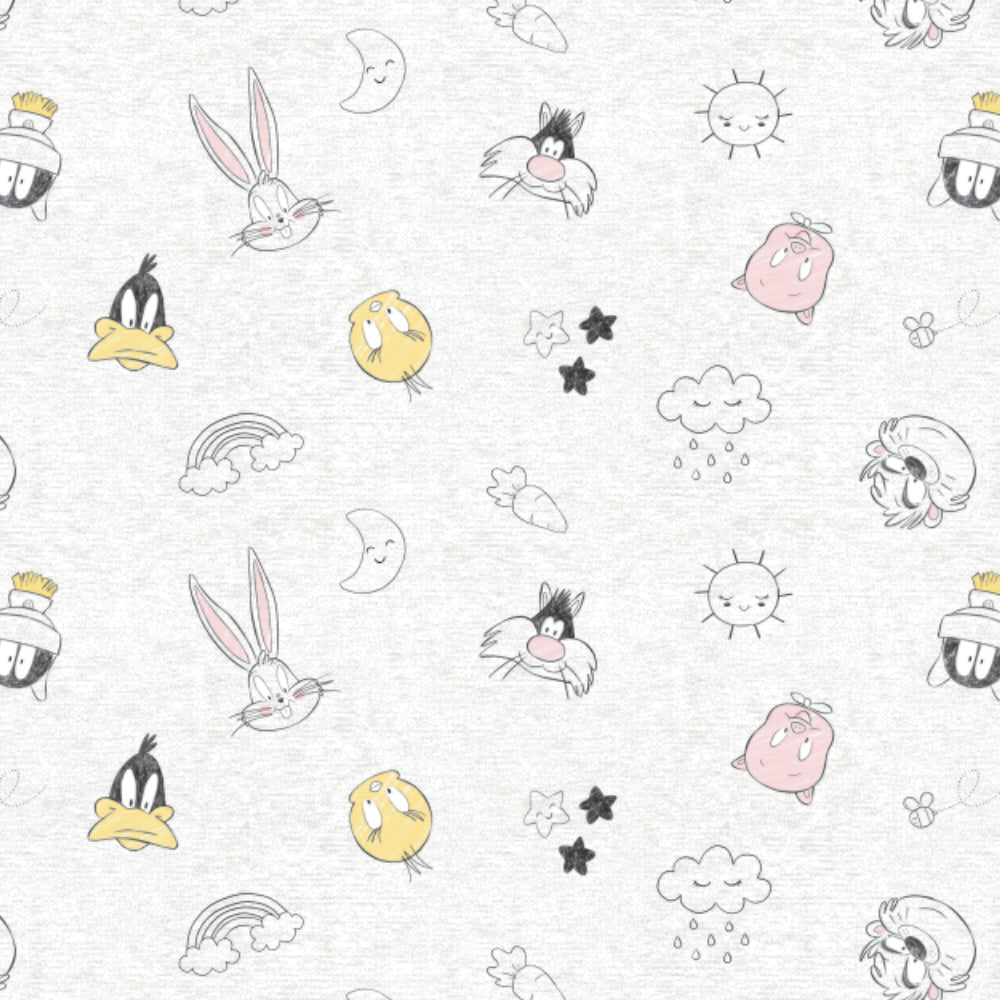Looney Tunes - Little Dreamer Cotton Print - Character Heads and Clouds on Off White 