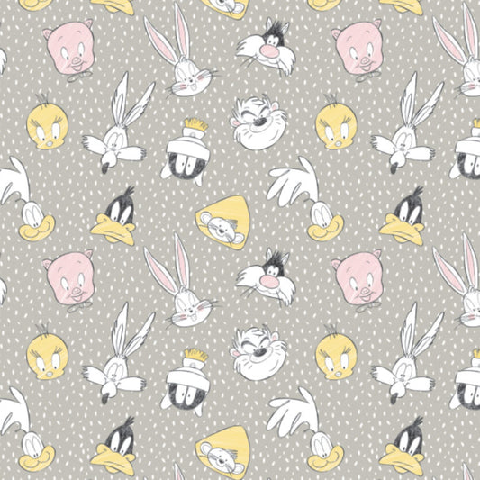 Looney Tunes - Little Dreamer Cotton Print - Character Heads on Grey