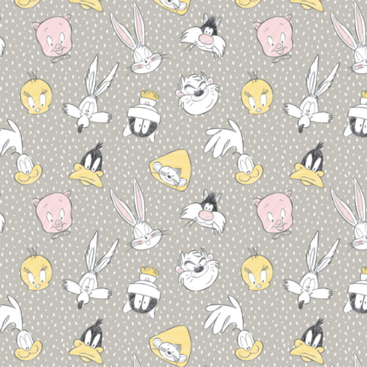Looney Tunes - Little Dreamer Cotton Print - Character Heads on Grey 