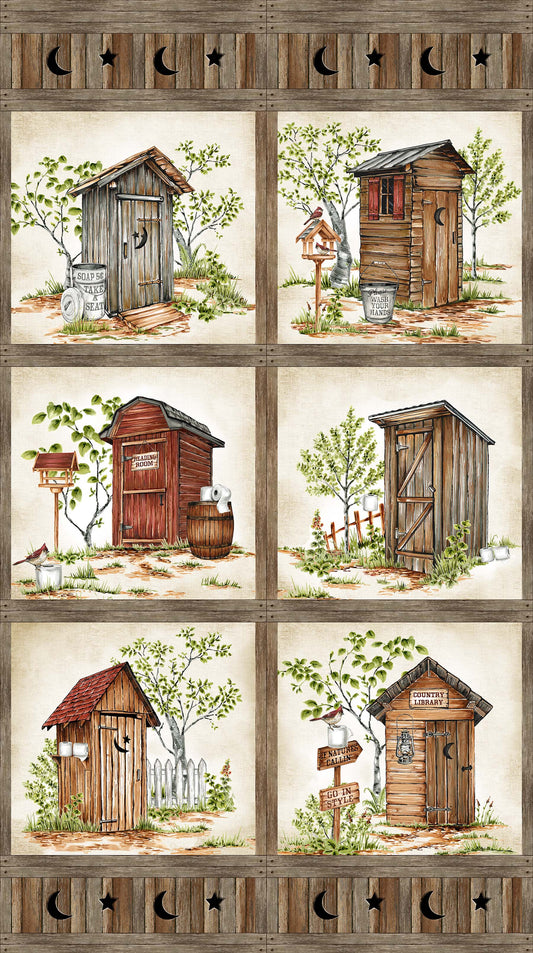 Nature's Calling Cotton Print - Outhouses Panel
