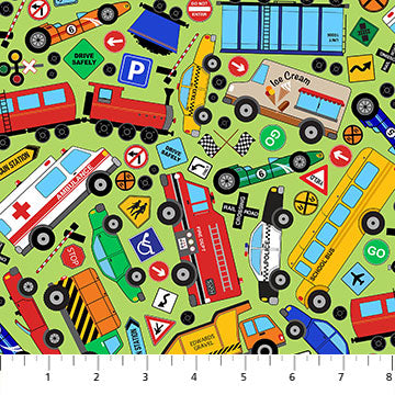 Vehicle Toss on Green - All Around Town Cotton Print Fabric - per half metre