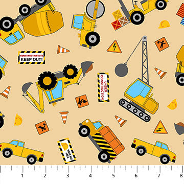 Construction on Beige - All Around Town Cotton Print Fabric - per half metre