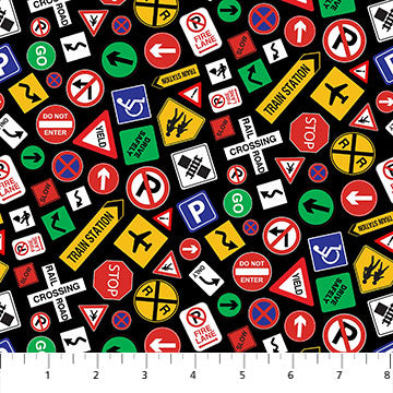 Traffic Signs on Black - All Around Town Cotton Print Fabric - per half metre