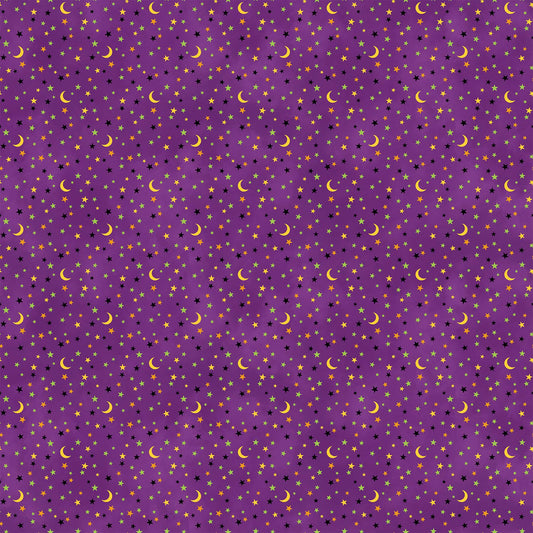 Gnomes Night Out Cotton Print - Moons and Stars on Purple - per half metre