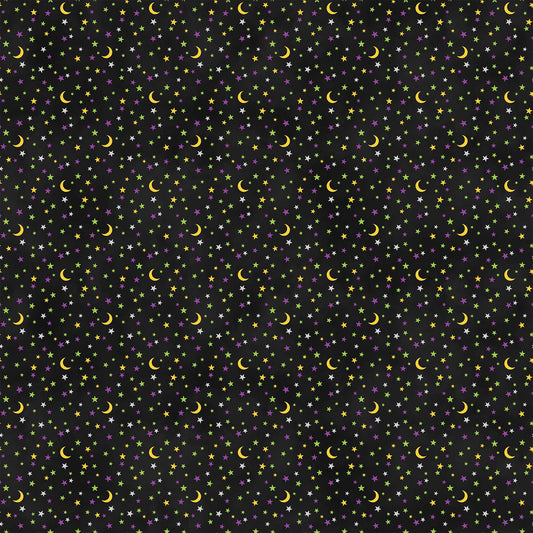 Gnomes Night Out Cotton Print - Moons and Stars on Black - per half metre