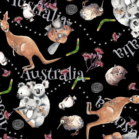 Kiwis and Koalas Cotton Print - Animal Toss on Black