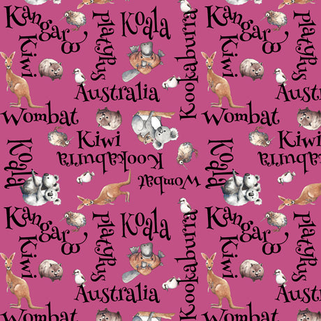 Kiwis and Koalas Cotton Print - Word Toss on Raspberry