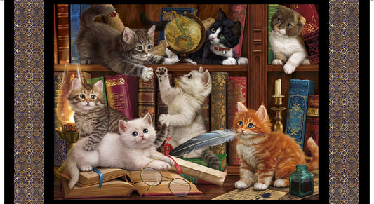 Cats Amongst Books - Literary Kitties Cotton Print Fabric - per panel