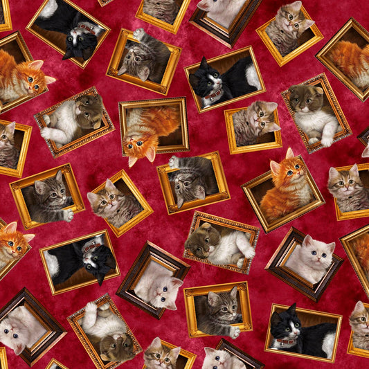Framed Kitties on Red - Literary Kitties Cotton Print Fabric - per half metre