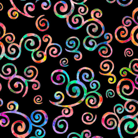 Brilliance Cotton Print - Scroll Toss on Black 