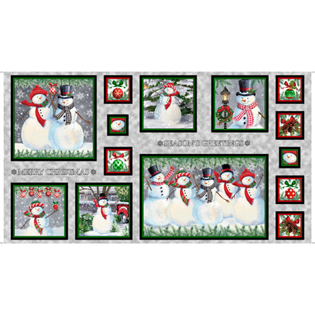 Winter Greetings Cotton Print - Snowman Picture Patches Panel