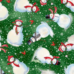 Winter Greetings Cotton Print - Snowman Toss on Forest