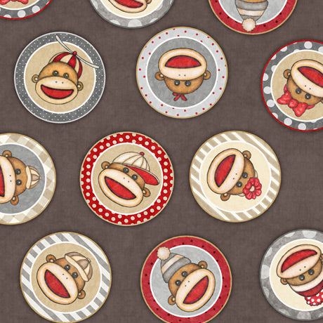 Monkey Biz Cotton Print - Sock Monkey Circles on Taupe