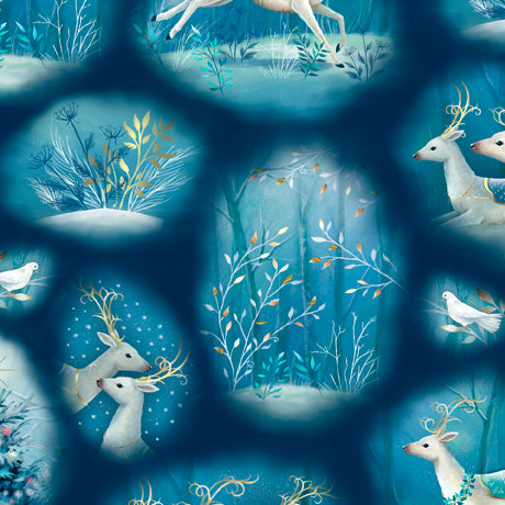 Winter Wishes Cotton Print - Reindeer Vignettes on Blue - per half metre