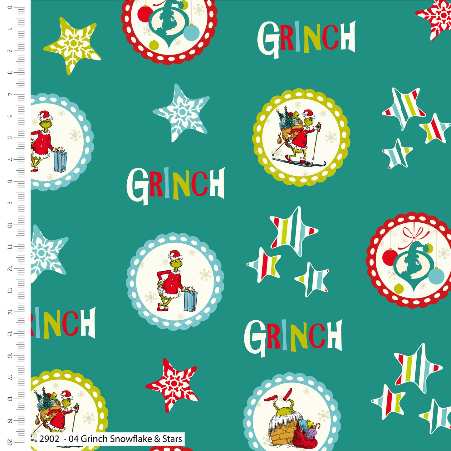 The Grinch Cotton Print - Snowflakes and Stars - per half metre