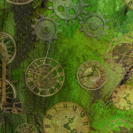 Steampunk Express Cotton Print - Gear and Clock Toss on Green Multi - per half metre