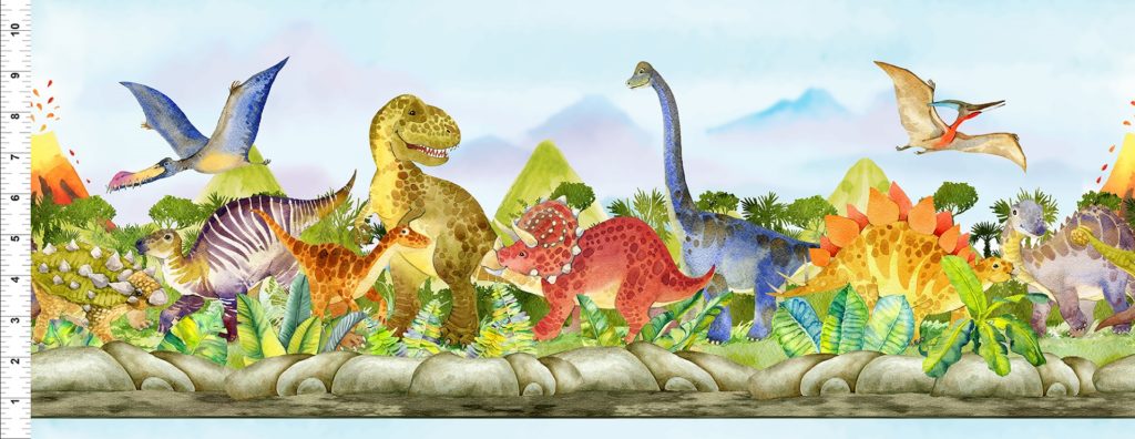 Dinosaur Friends Cotton Print Fabric - Dinosaur Stripe - per half metre