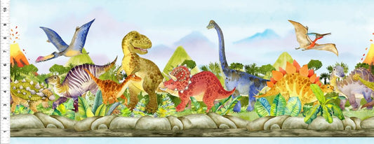 Dinosaur Friends Cotton Print Fabric - Dinosaur Stripe - per half metre