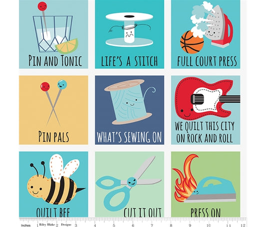 Sew Chatty Cotton Print - Pun Grid Blue