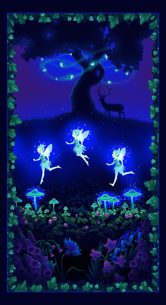 Summer Night Soiree Cotton Print - Fairies on the Meadow Panel Glow