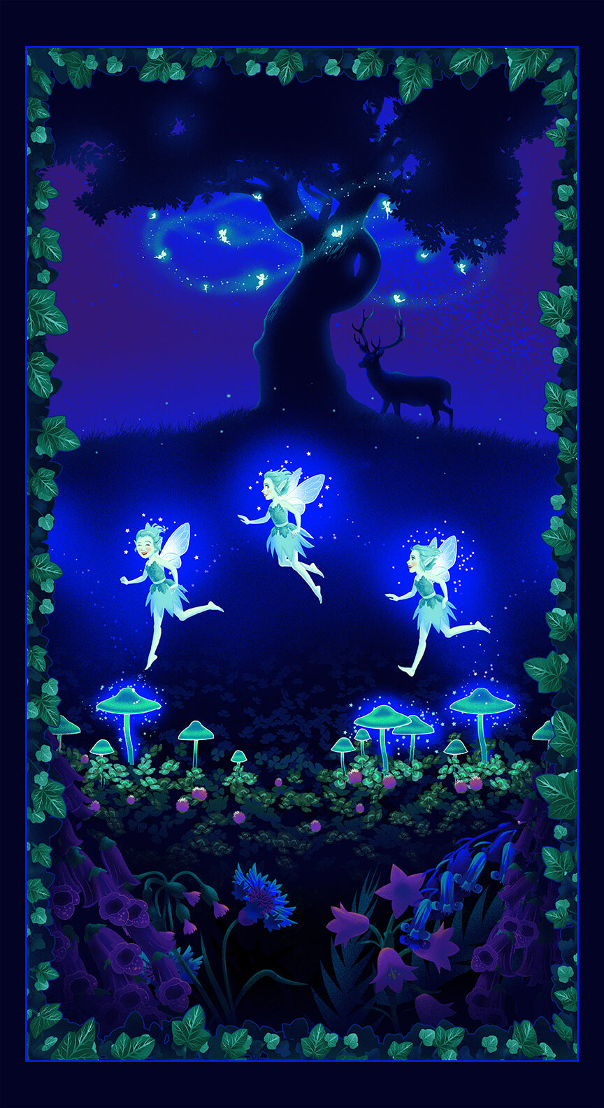 Summer Night Soiree Cotton Print - Fairies on the Meadow Panel Glow