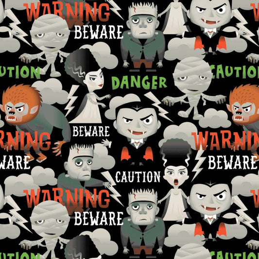 Character Halloween Cotton Print - Beware Caution Danger
