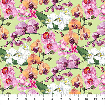 Orchids in Bloom Cotton Print - Orchids on Green