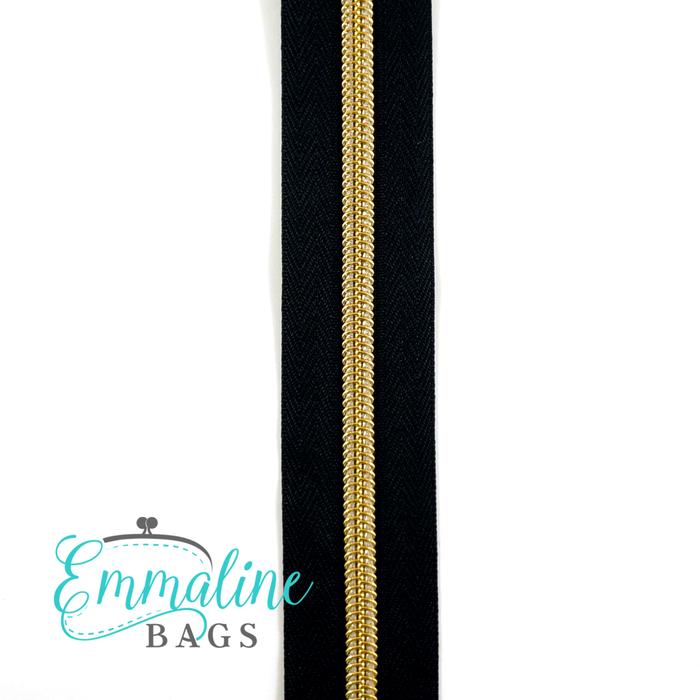 Emmaline Zipper-by-the-Yard - Size #5 - Black / Light Gold Coil - 3 Yards