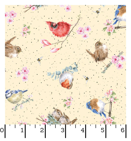 Birds on Sunshine - Bramble Patch Cotton Print Fabric - per half metre