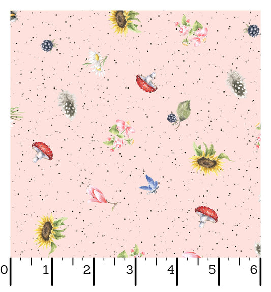 Mini Hedgerow Motifs on Pink - Bramble Patch Cotton Print Fabric - per half metre