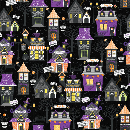 Hometown Halloween Cotton Print - Hometown Houses - per half metre