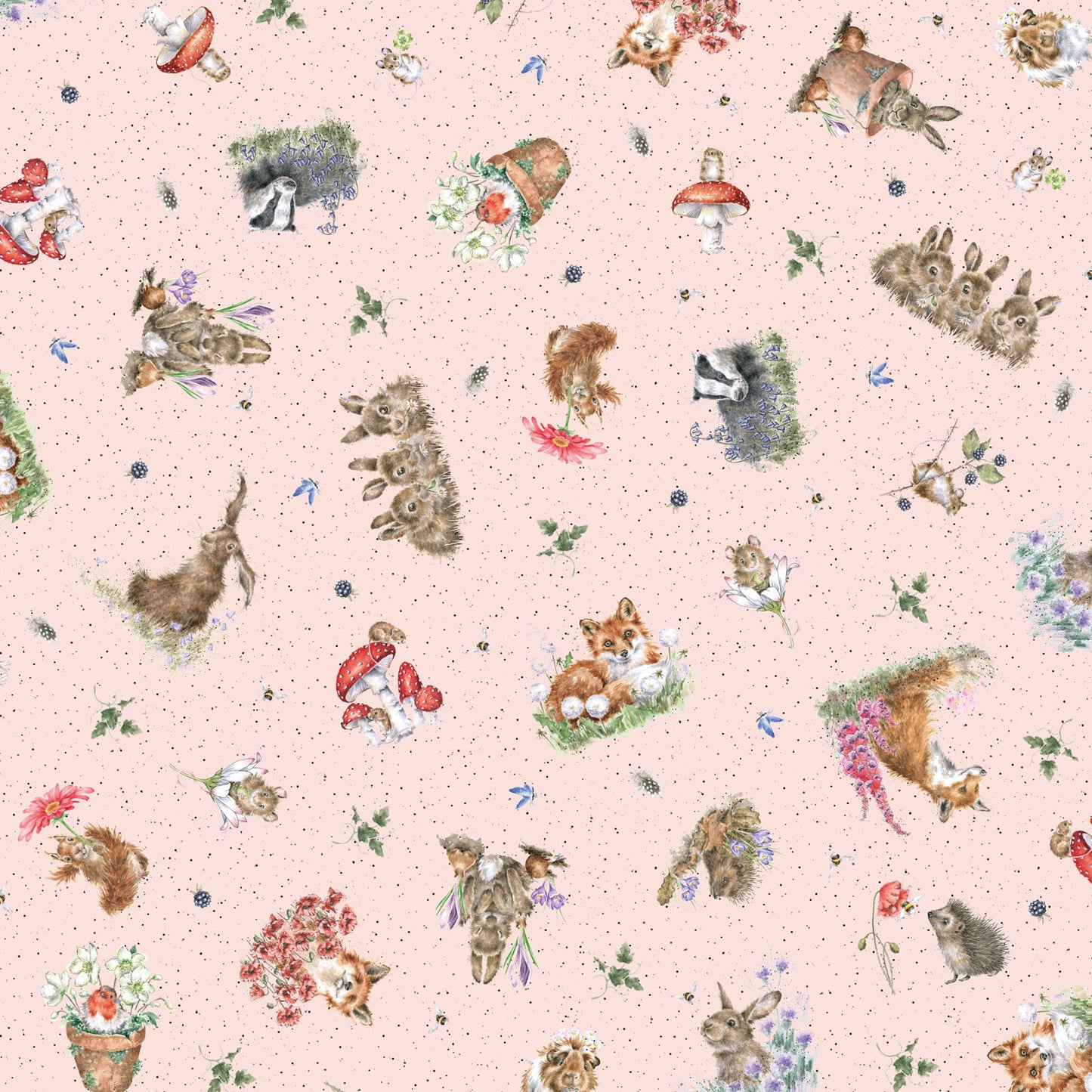Tossed Animals on Pink - Bramble Patch Cotton Print Fabric - per half metre