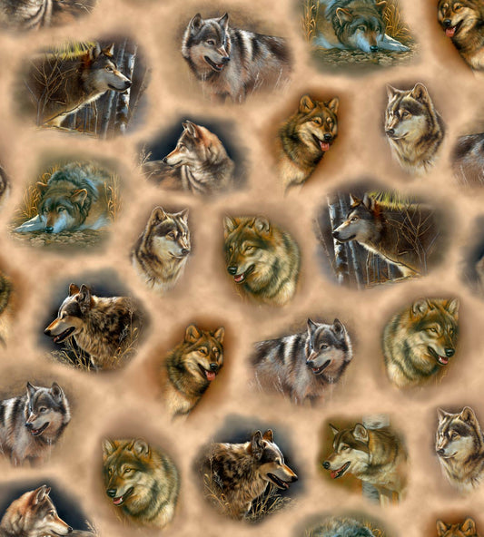 Wolf Vignettes on Tan - Majestic Wolves Cotton Print Fabric - per half metre