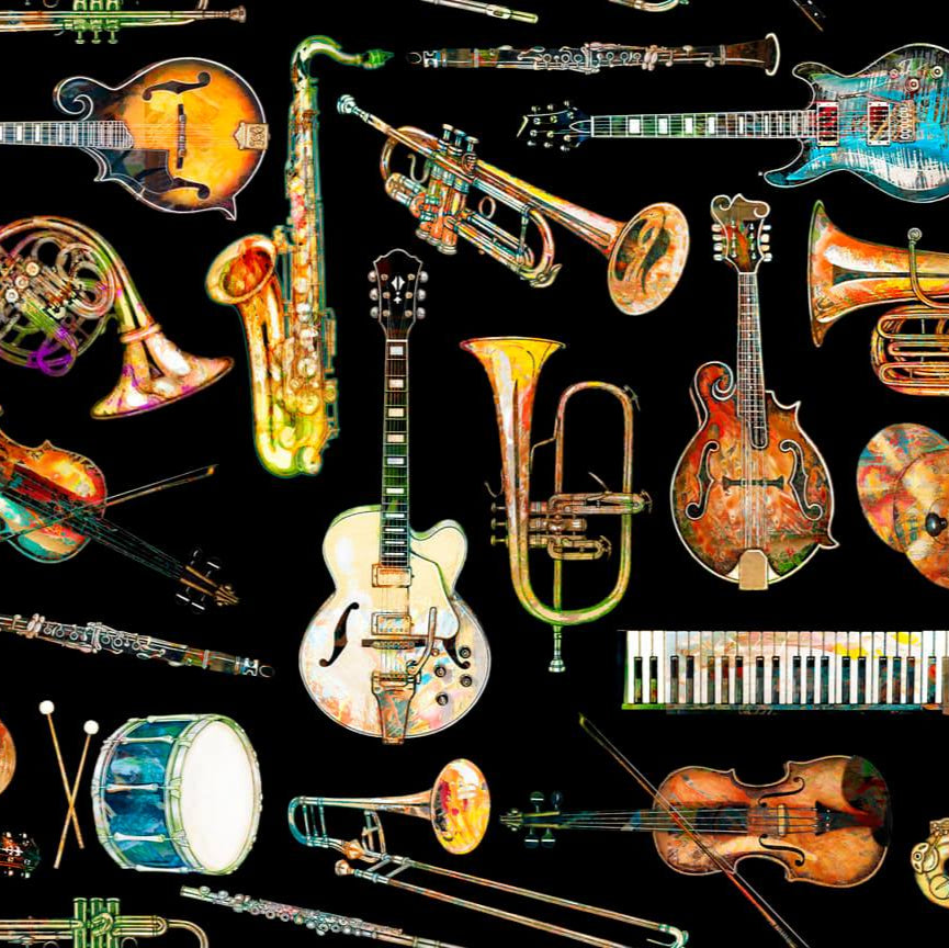 Fine Tuning Cotton Print - Musical Instruments on Black