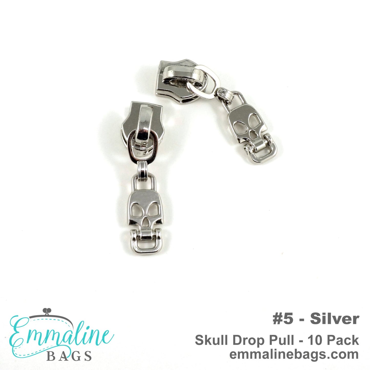 Zipper Sliders with Pulls - Size #5 - Skull Drop Pull/ Silver